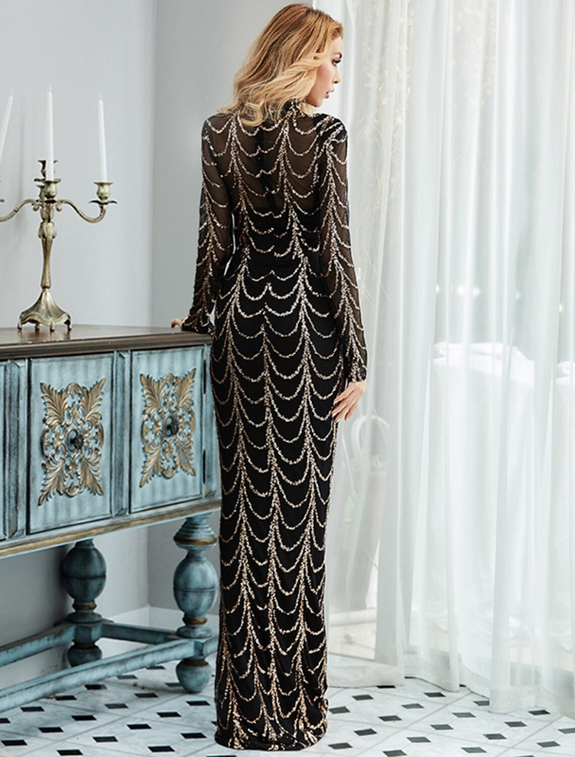 Mermaid / Trumpet Evening Gown Sparkle & Shine Dress Formal Sweep / Brush Train Long Sleeve High Neck African American Tulle with Sequin