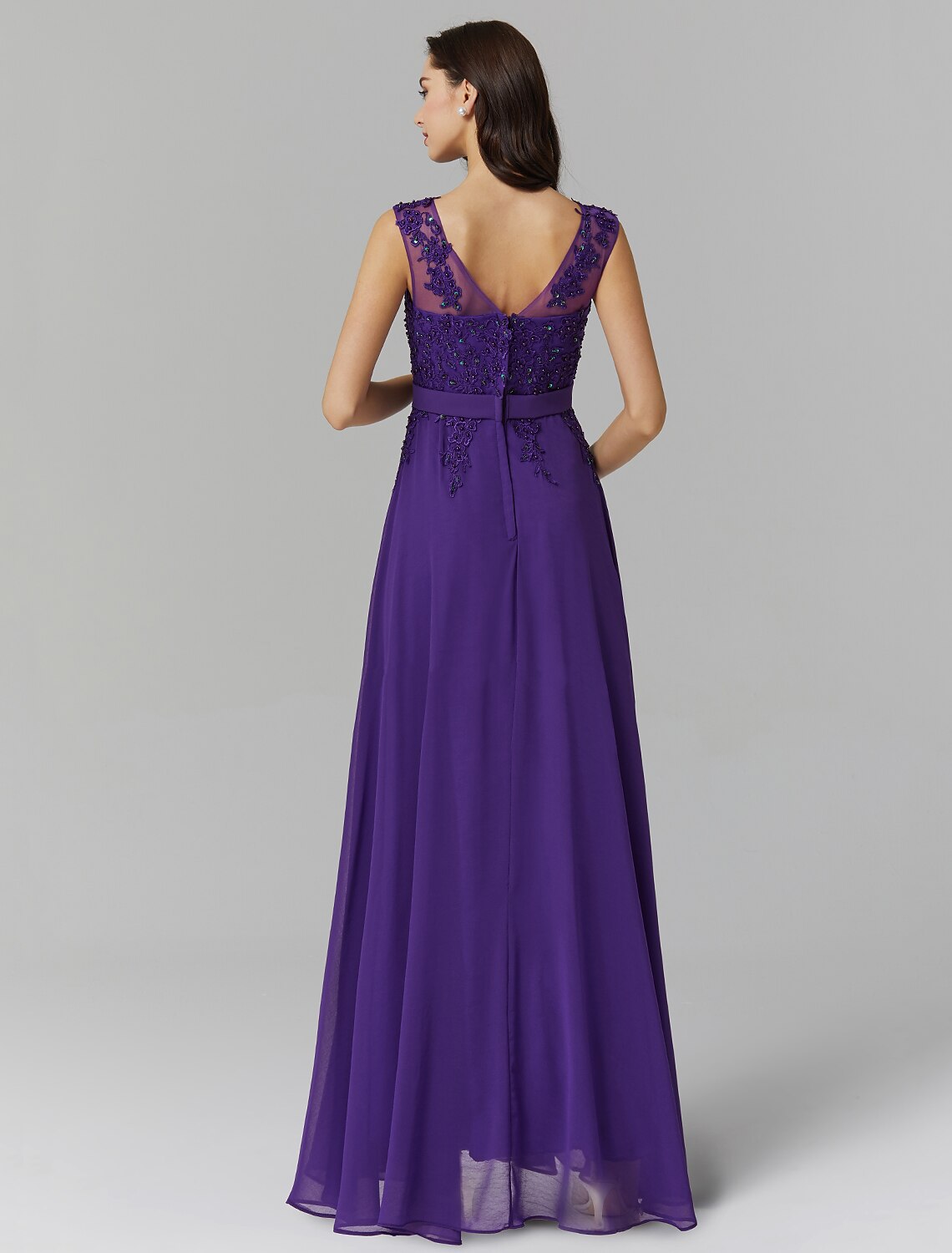 A-Line Chinese Style Dress Wedding Guest Prom Floor Length Sleeveless Illusion Neck Chiffon V Back with Beading Appliques