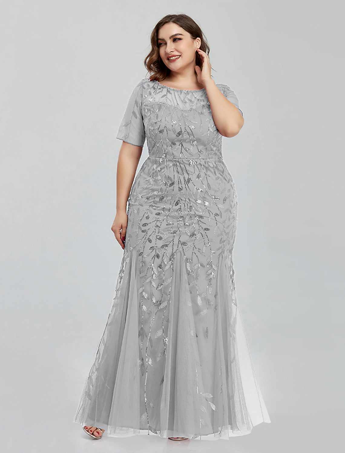 Mermaid / Trumpet Evening Gown Empire Dress Wedding Guest Floor Length Short Sleeve Jewel Neck Bridesmaid Dress Tulle with Embroidery