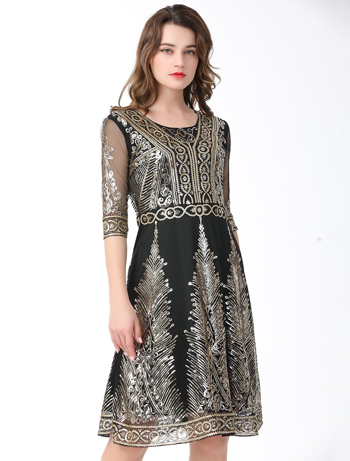 A-Line Elegant Vintage Holiday Party Wear Dress Jewel Neck Half Sleeve Knee Length Cotton Blend with Sequin Splicing