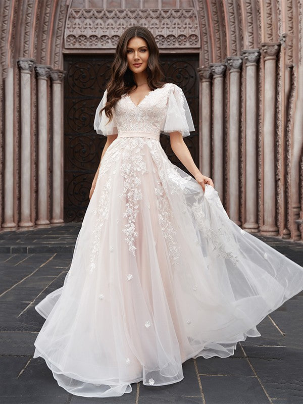 A-Line/Princess Tulle Applique V-neck 1/2 Sleeves Court Train Wedding – Amzcw Dress