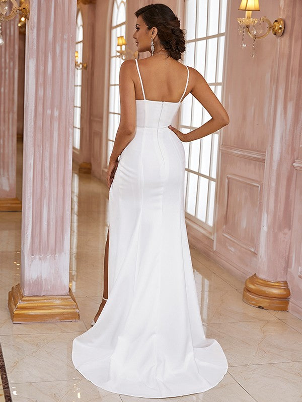 Sheath/Column Stretch Crepe Ruched Spaghetti Straps Sleeveless Sweep/Brush Train Wedding Dresses