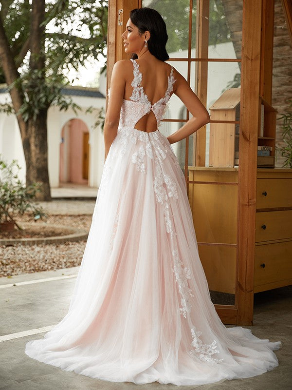 A-Line/Princess Tulle Applique Scoop Sleeveless Sweep/Brush Train Wedding Dresses