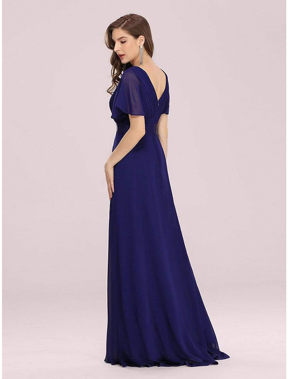 A-Line Evening Gown Party Dress Empire Dress Wedding Guest Formal Evening Floor Length Short Sleeve V Neck Bridesmaid Dress Chiffon V Back with Ruffles Pure Color