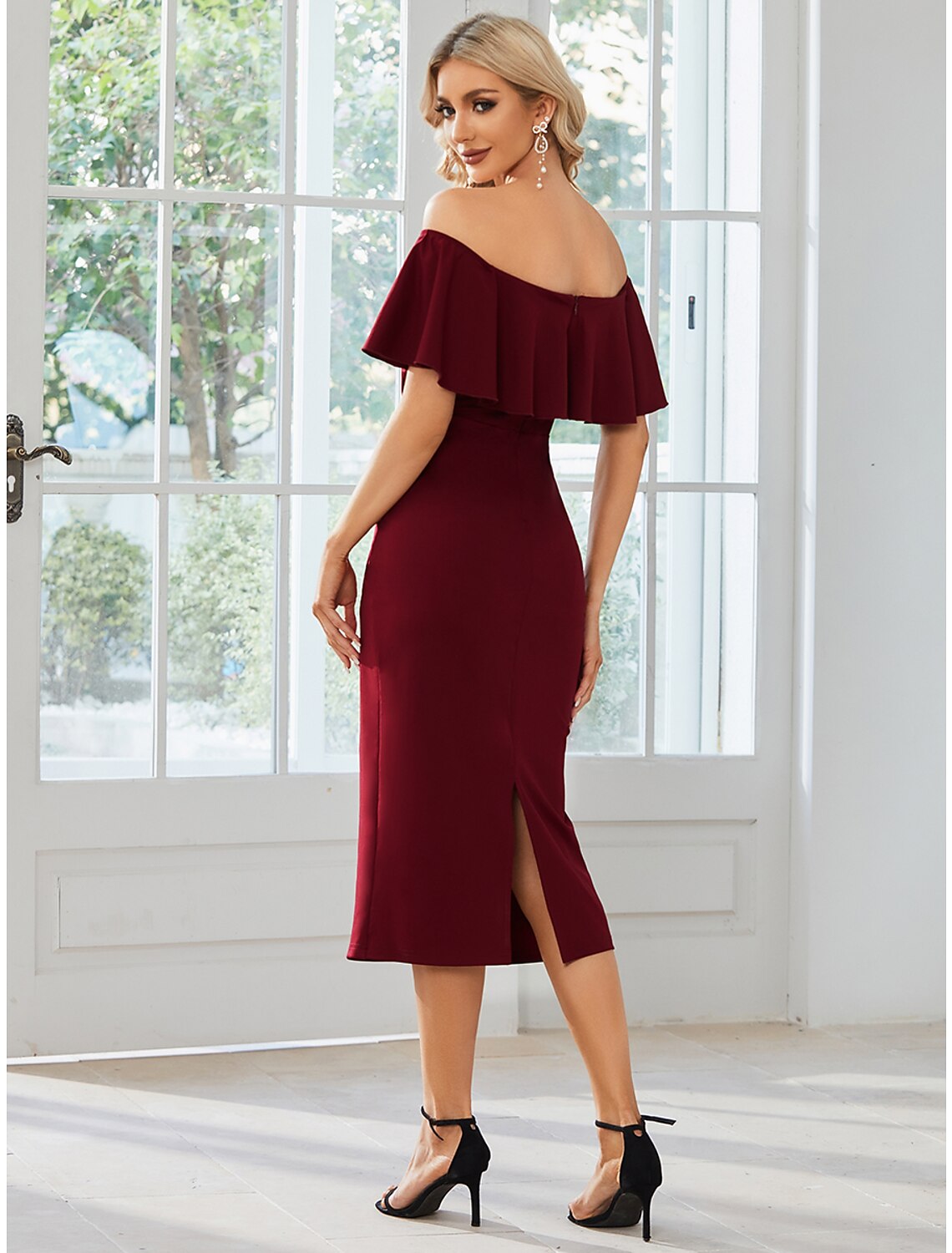 Sheath / Column Wedding Guest Dresses Minimalist Dress Party Wear Wedding Party Tea Length Short Sleeve Off Shoulder Bridesmaid Dress Stretch Fabric with Slit Pure
