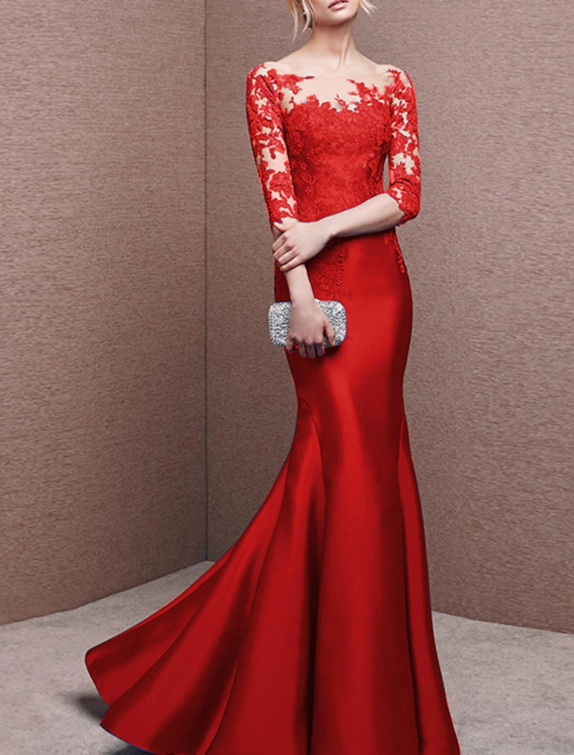 Vestido de sirena, elegante vestido de noche rojo y verde navideño, vestido formal para invitada de boda, cola larga, mangas 3/4, hombros descubiertos, satén con botones, pliegues y apliques.