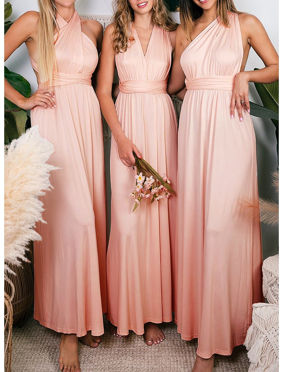 Vestido de dama de honor con corte tubo/columna, sin mangas, convertible, largo hasta el tobillo, de licra, con pliegues, color liso