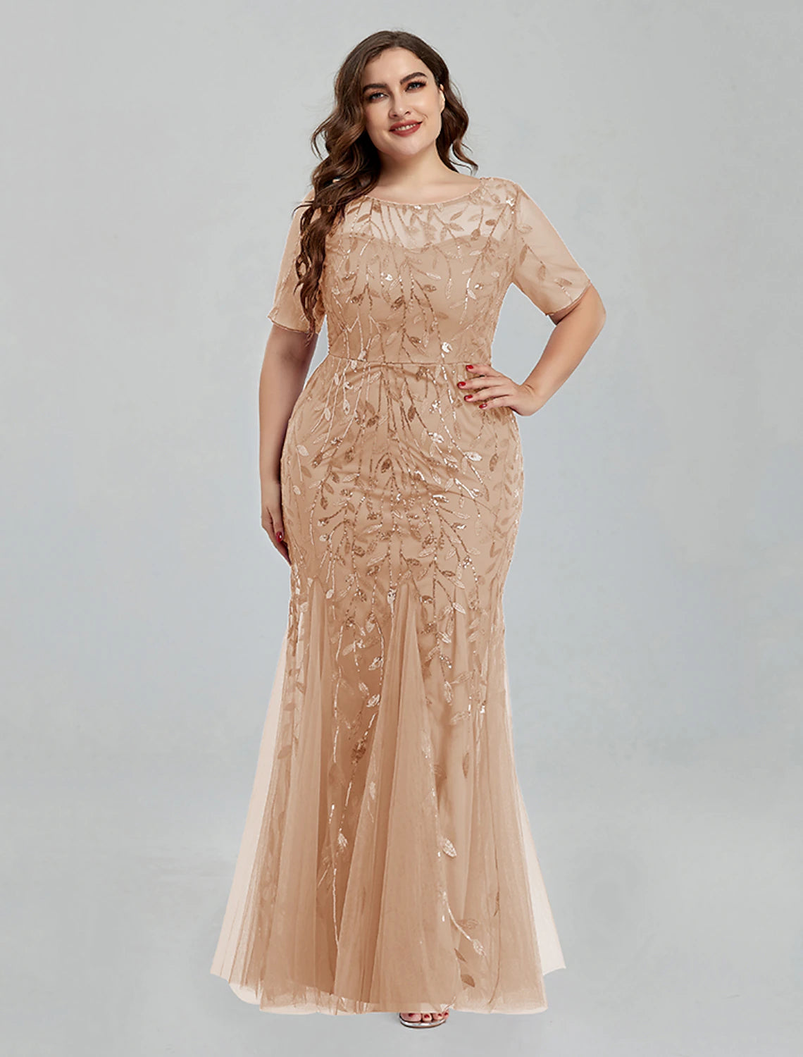 Mermaid / Trumpet Evening Gown Empire Dress Wedding Guest Floor Length Short Sleeve Jewel Neck Bridesmaid Dress Tulle with Embroidery