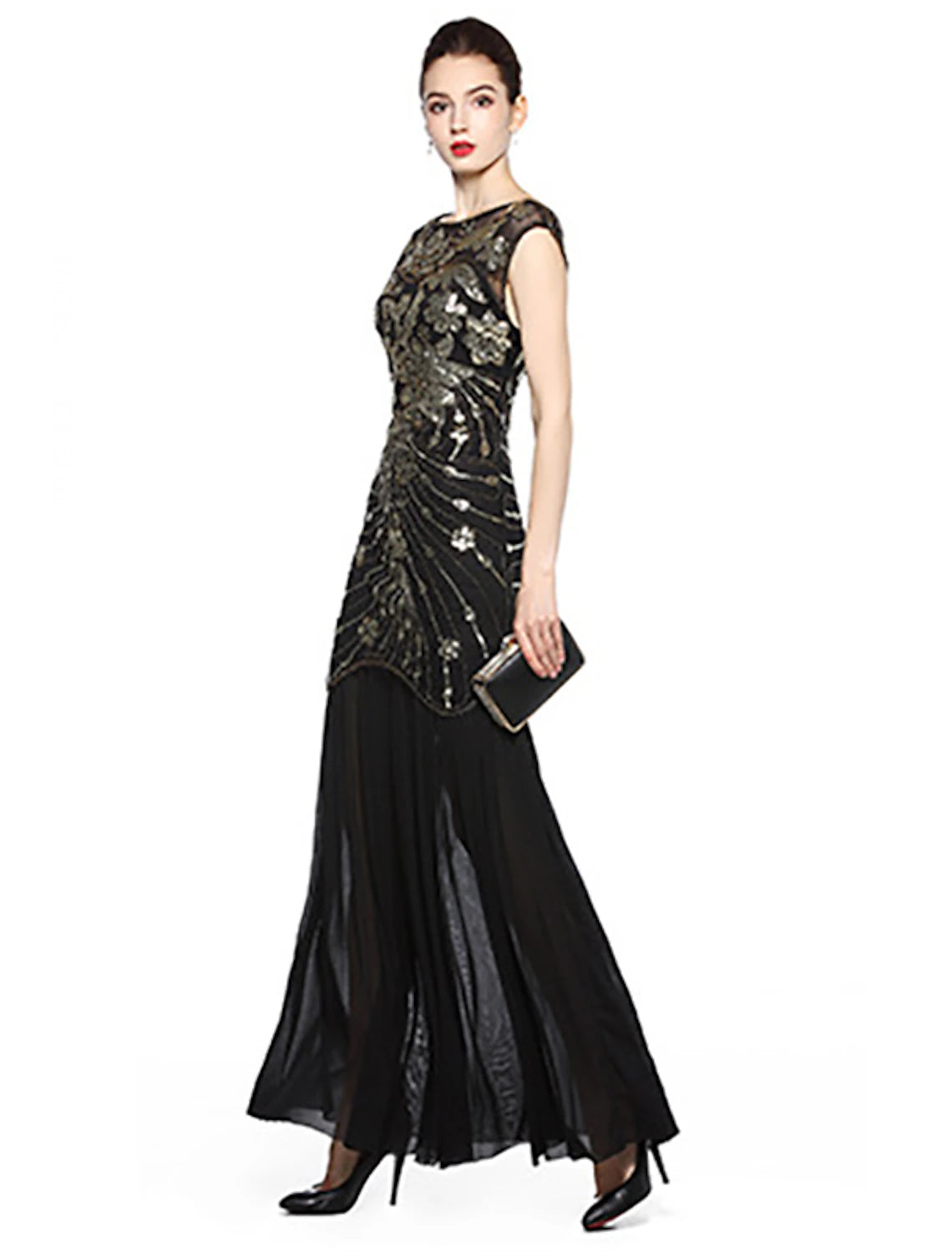 Vestido de noche estilo A, estilo vintage, para fiestas, largo hasta el suelo, sin mangas, cuello joya, licra, espalda en V con bordado de lentejuelas