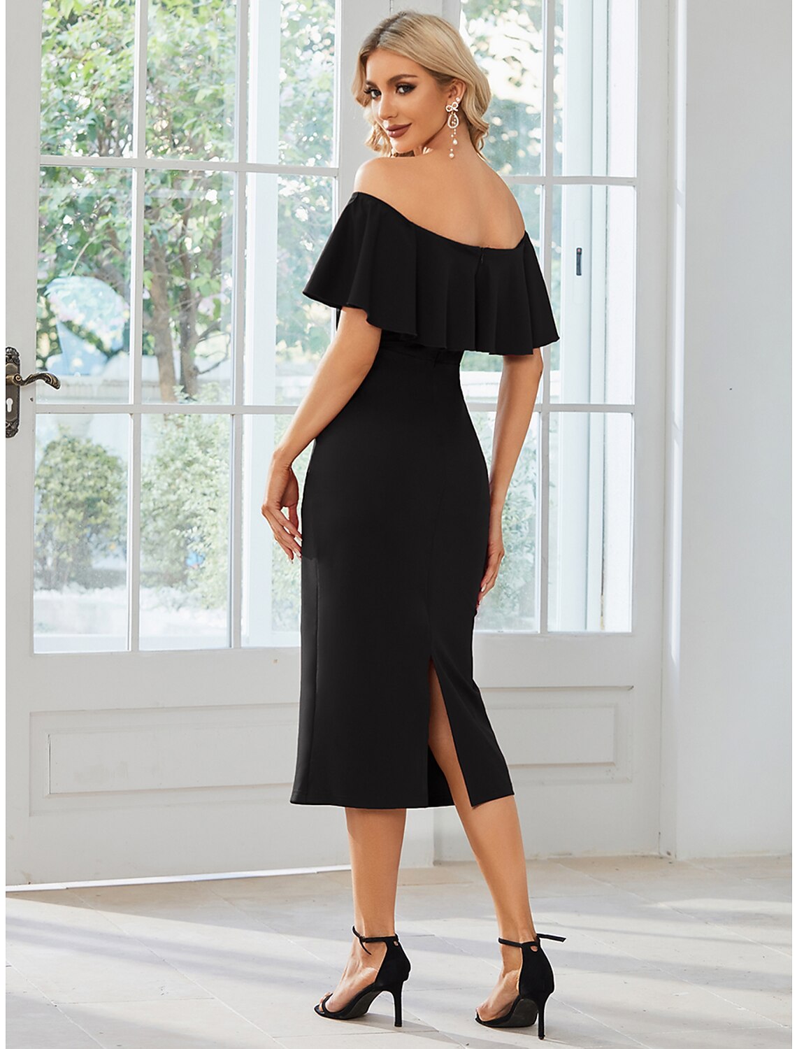 Sheath / Column Wedding Guest Dresses Minimalist Dress Party Wear Wedding Party Tea Length Short Sleeve Off Shoulder Bridesmaid Dress Stretch Fabric with Slit Pure