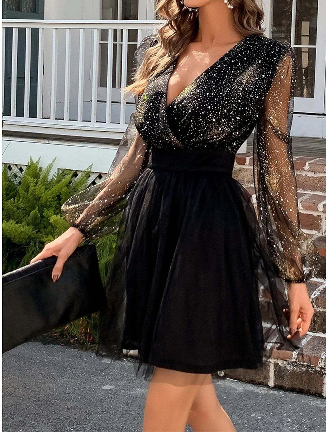 Women‘s Little Black Dress Sexy Dress Party Dress Homecoming Dress Mini Dress Long Sleeve Color Block Ruched Fall Winter Autumn V Neck Fashion Winter Dress