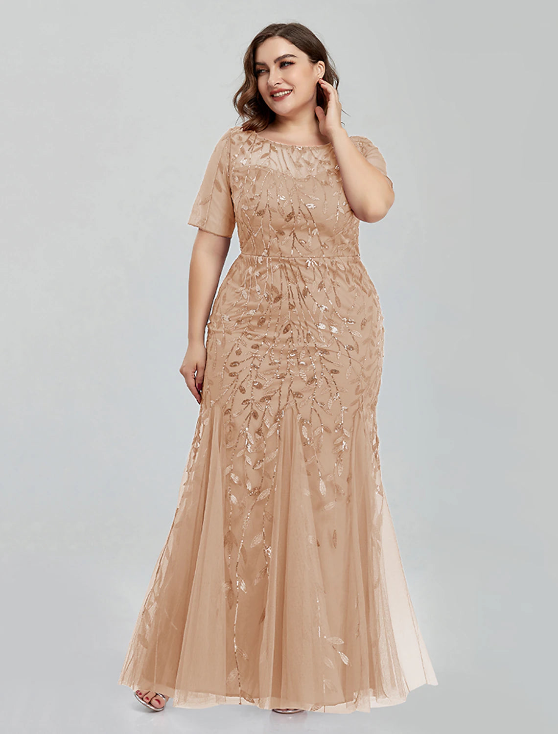 Mermaid / Trumpet Evening Gown Empire Dress Wedding Guest Floor Length Short Sleeve Jewel Neck Bridesmaid Dress Tulle with Embroidery