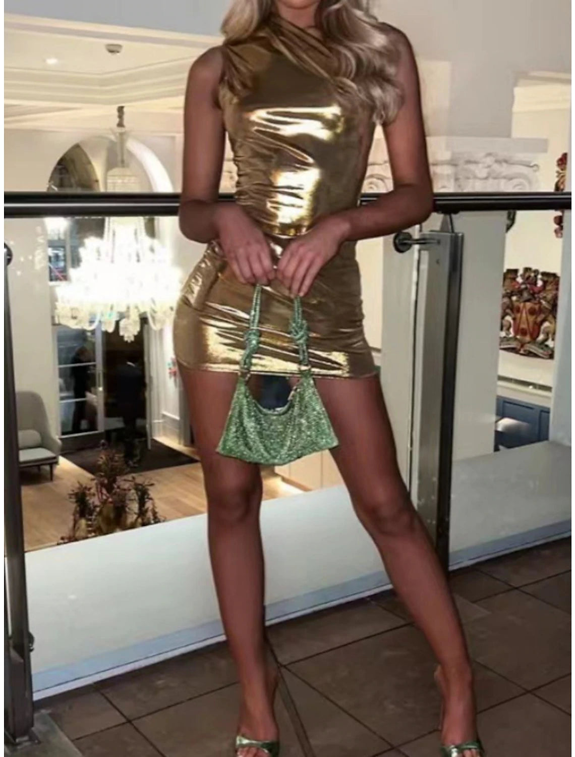 Women's Party Dress Homecoming Dress Wedding Guest Dress Mini Dress Blue Gold Green Sleeveless Pure Color Ruched Summer Spring Fall One Shoulder Party Vacation Summer Dress