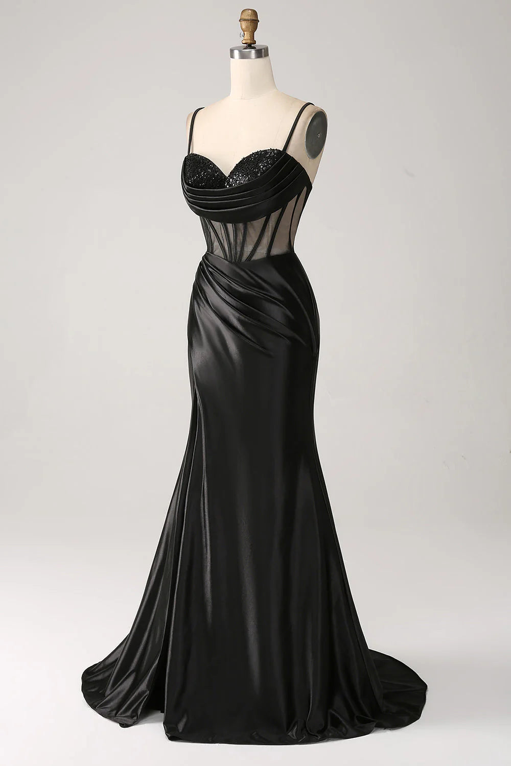 Amzcw Mermaid Sweetheart Black Satin Long Prom Dress With Beading prom dresses shops