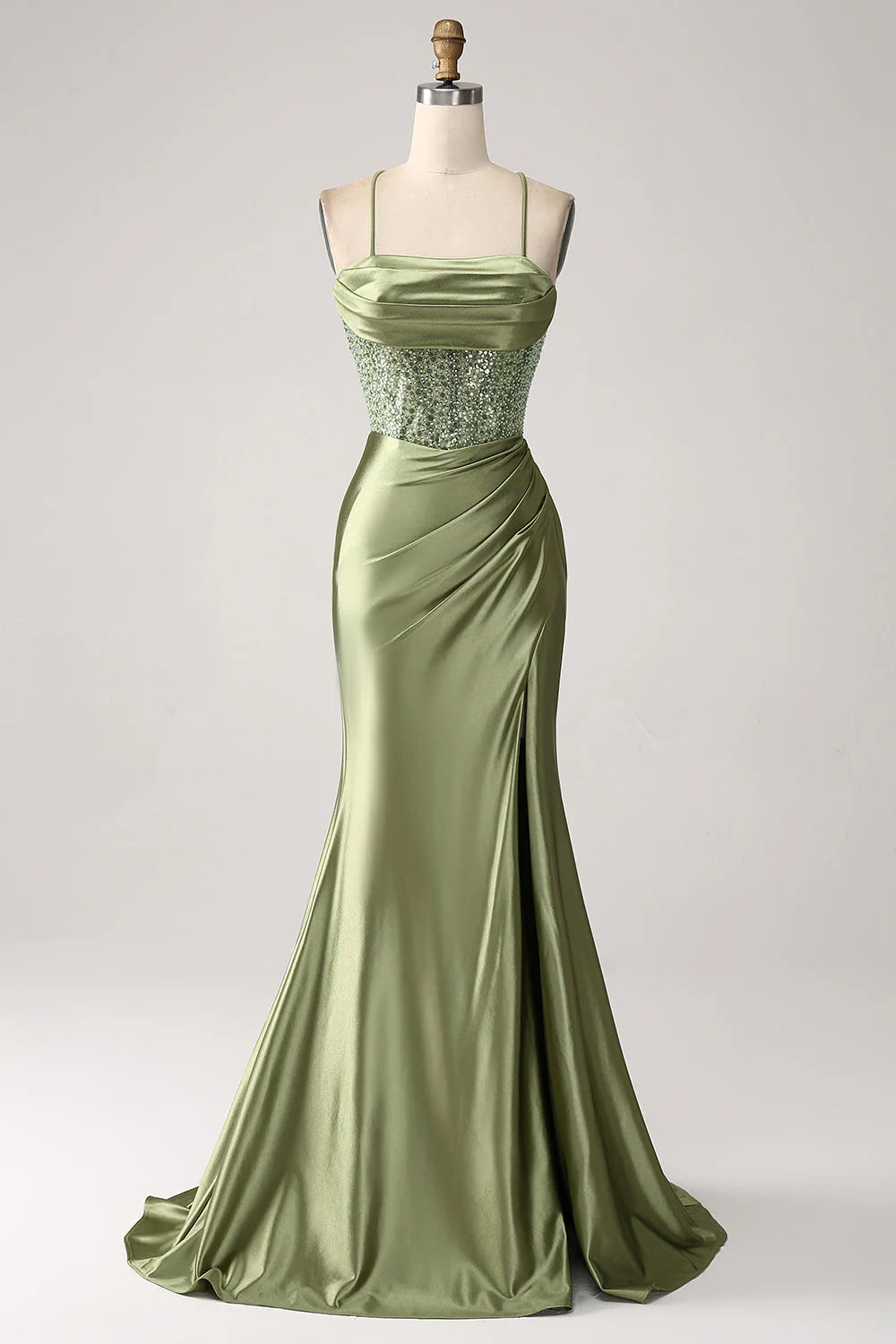 Amzcw Army Green Mermaid Cowl Neckline Sequin Long Prom Dress With Slit