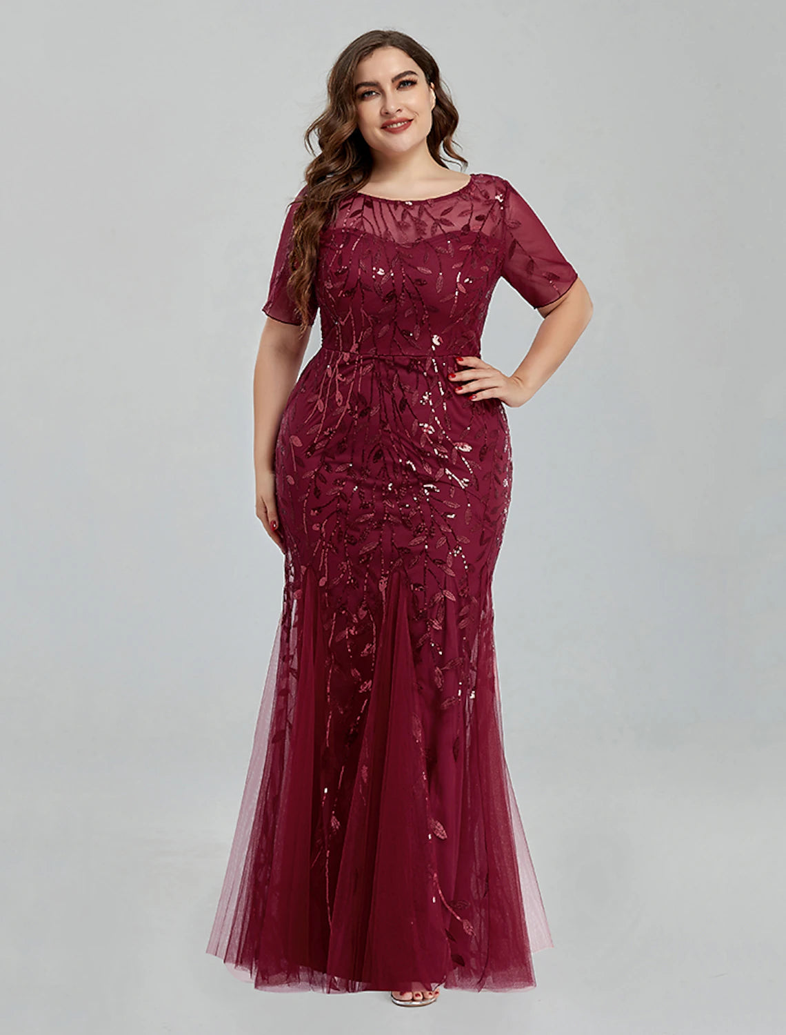 Mermaid / Trumpet Evening Gown Empire Dress Wedding Guest Floor Length Short Sleeve Jewel Neck Bridesmaid Dress Tulle with Embroidery