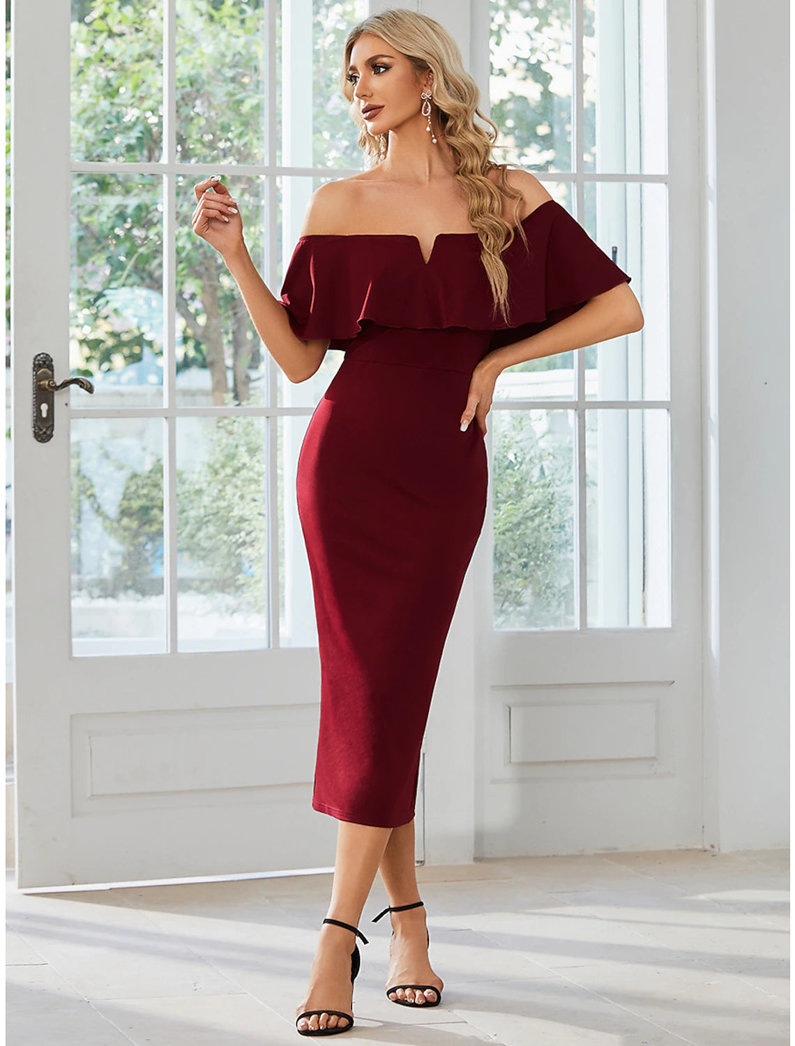 Sheath / Column Wedding Guest Dresses Minimalist Dress Party Wear Tea Length Short Sleeve Off Shoulder Stretch Fabric with Slit Pure Color