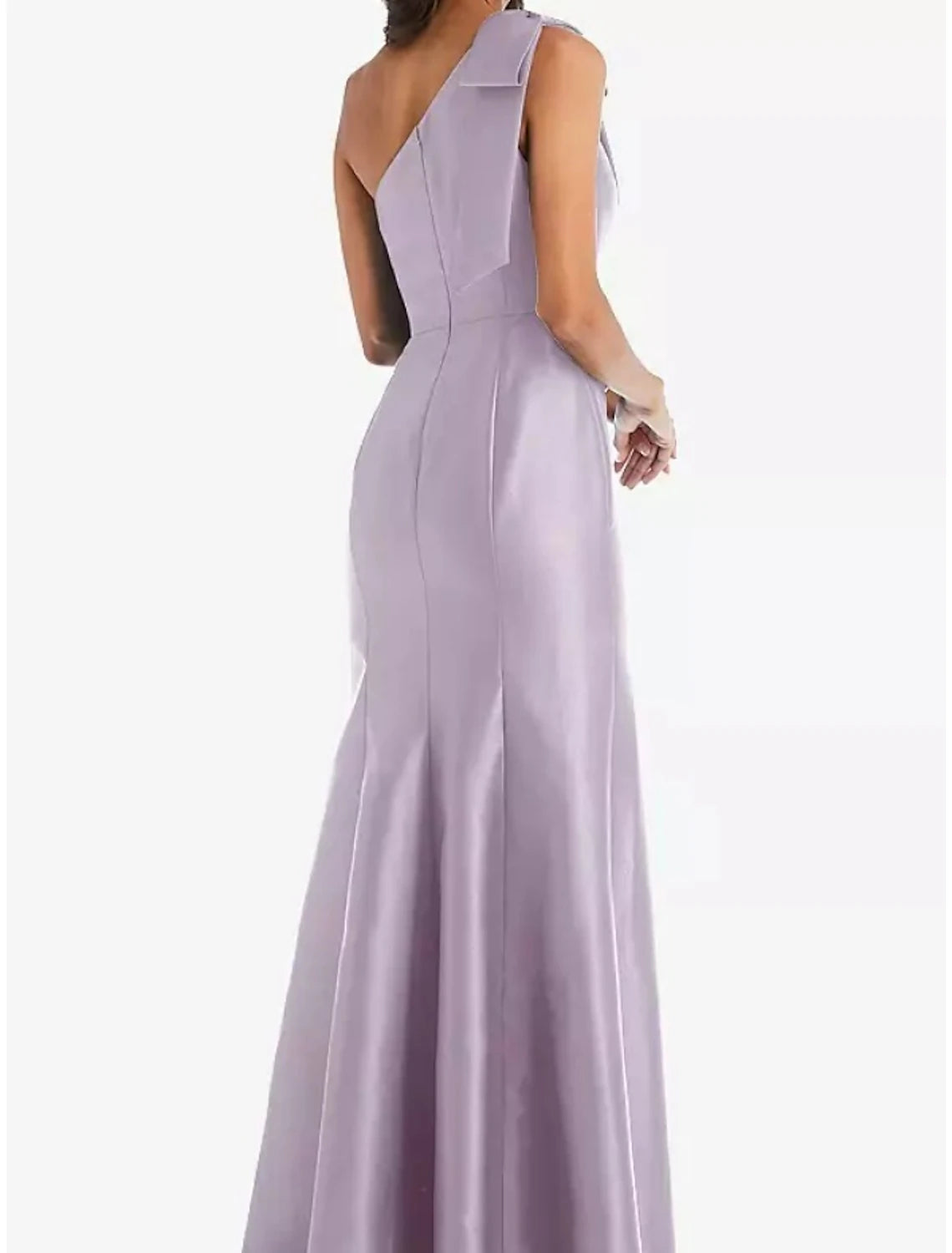 Vestido de dama de honor con corte tubo/columna, un hombro, sin mangas, elegante, largo hasta el suelo, de satén con lazo(s)/fruncido.