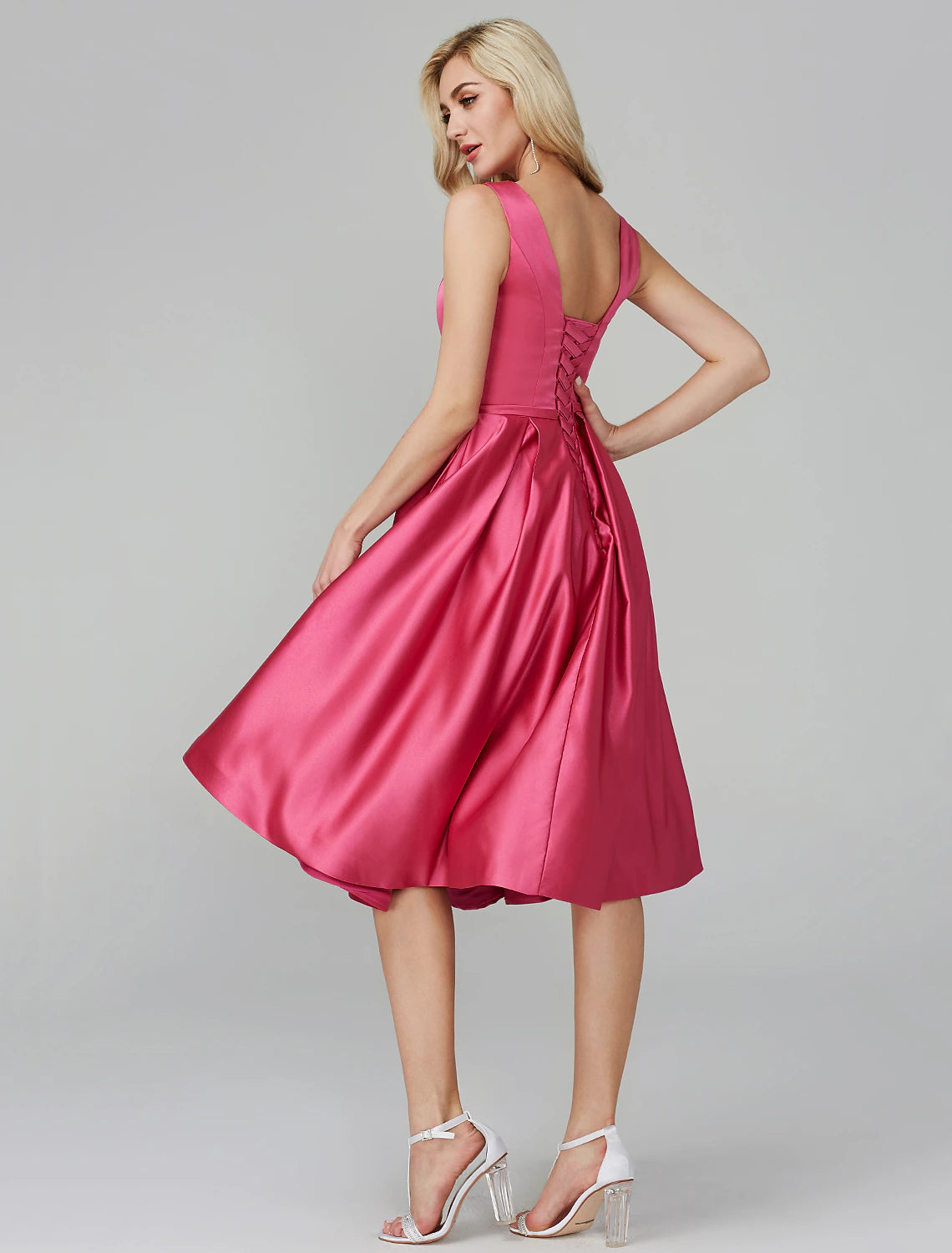 A-Line Party Dress Wedding Guest Knee Length Sleeveless V Wire Pink Dress Satin with Sash / Ribbon
