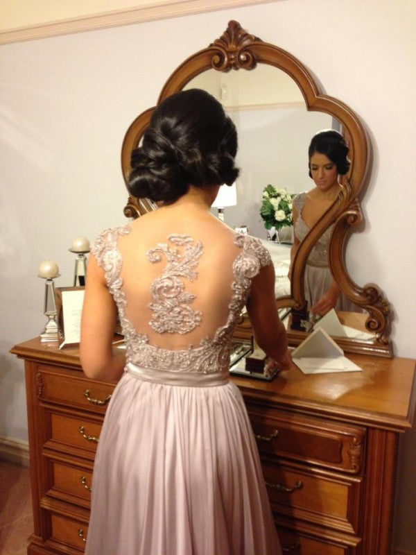 V-Neck Chiffon Lace Sequins Beads Cap Sleeves Dress