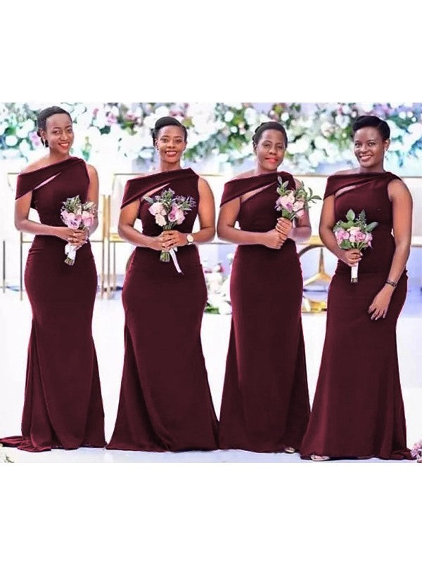 Sheath/Column Stretch Crepe Scoop Sleeveless Sweep/Brush Train Bridesmaid Dresses