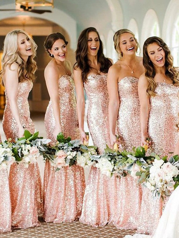 Sheath/Column Sequins Sweetheart Sleeveless Sweep/Brush Train Bridesmaid Dresses