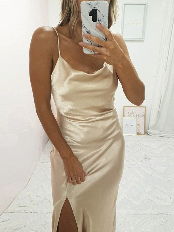 Sheath/Column Elastic Woven Satin Ruched Spaghetti Straps Sleeveless Sweep/Brush Train Bridesmaid Dresses