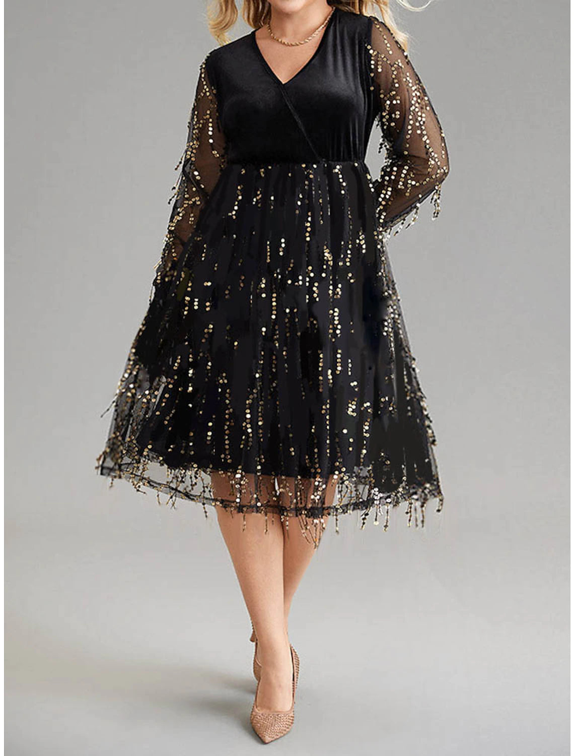 Women's Plus Size Black Dress Velvet Dress Sequin Dress Midi Dress Black Long Sleeve Pure Color Sequins Spring Fall Winter V Neck Fashion Winter Dress Wedding Guest Birthday