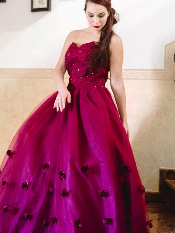 Ball Gown Applique Sweetheart Tulle Sleeveless Floor-Length Dresses