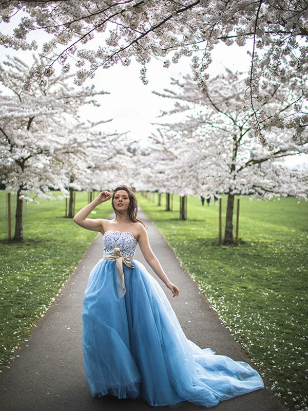 Ball Gown Sleeveless Tulle Sweep/Brush Train Sweetheart Applique Dresses