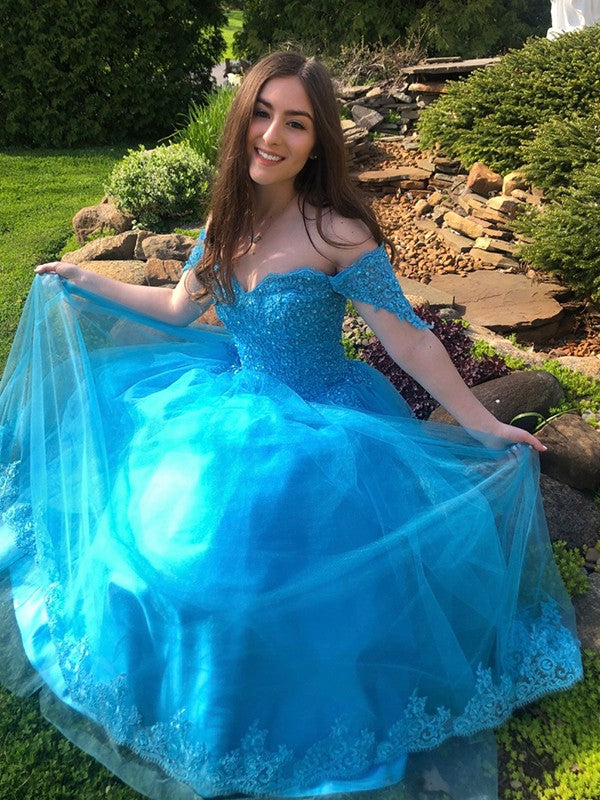 Ball Gown Off-the-Shoulder Lace Tulle Sleeveless Floor-Length Dresses
