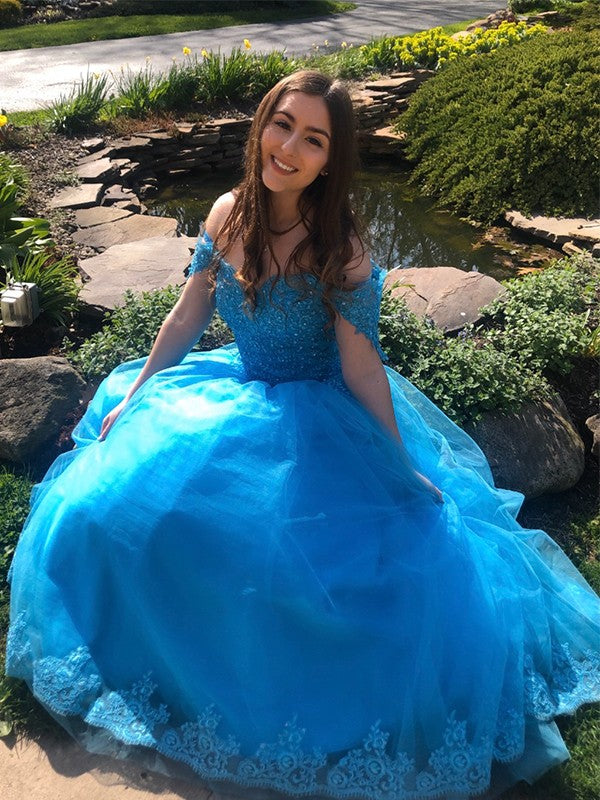 Ball Gown Off-the-Shoulder Lace Tulle Sleeveless Floor-Length Dresses