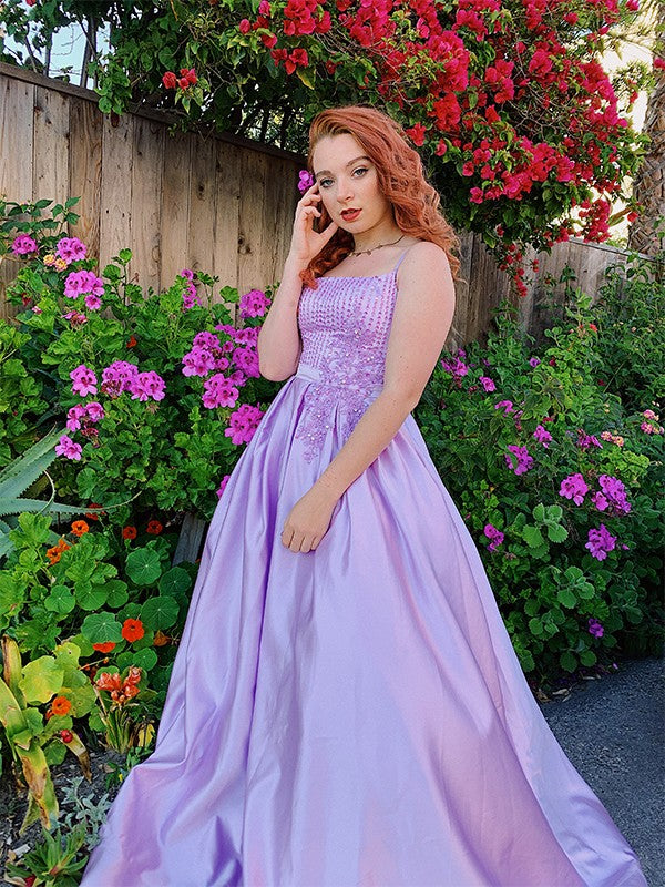 Ball Gown Sleeveless Floor-Length Satin Applique Spaghetti Straps Dresses