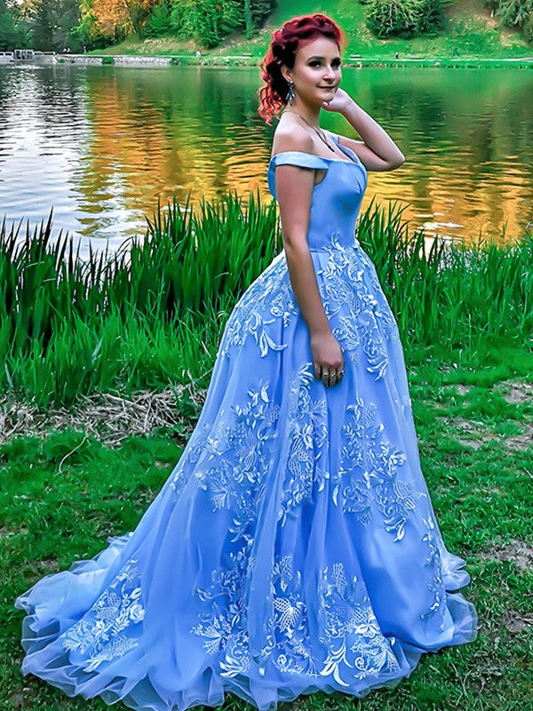 Ball Gown Sleeveless Off-the-Shoulder Applique Tulle Sweep/Brush Train Dresses
