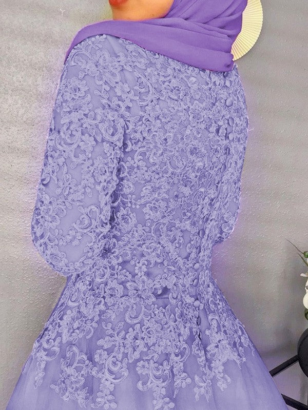 Vestidos de fiesta de manga larga con encaje, tul y joya hasta el suelo