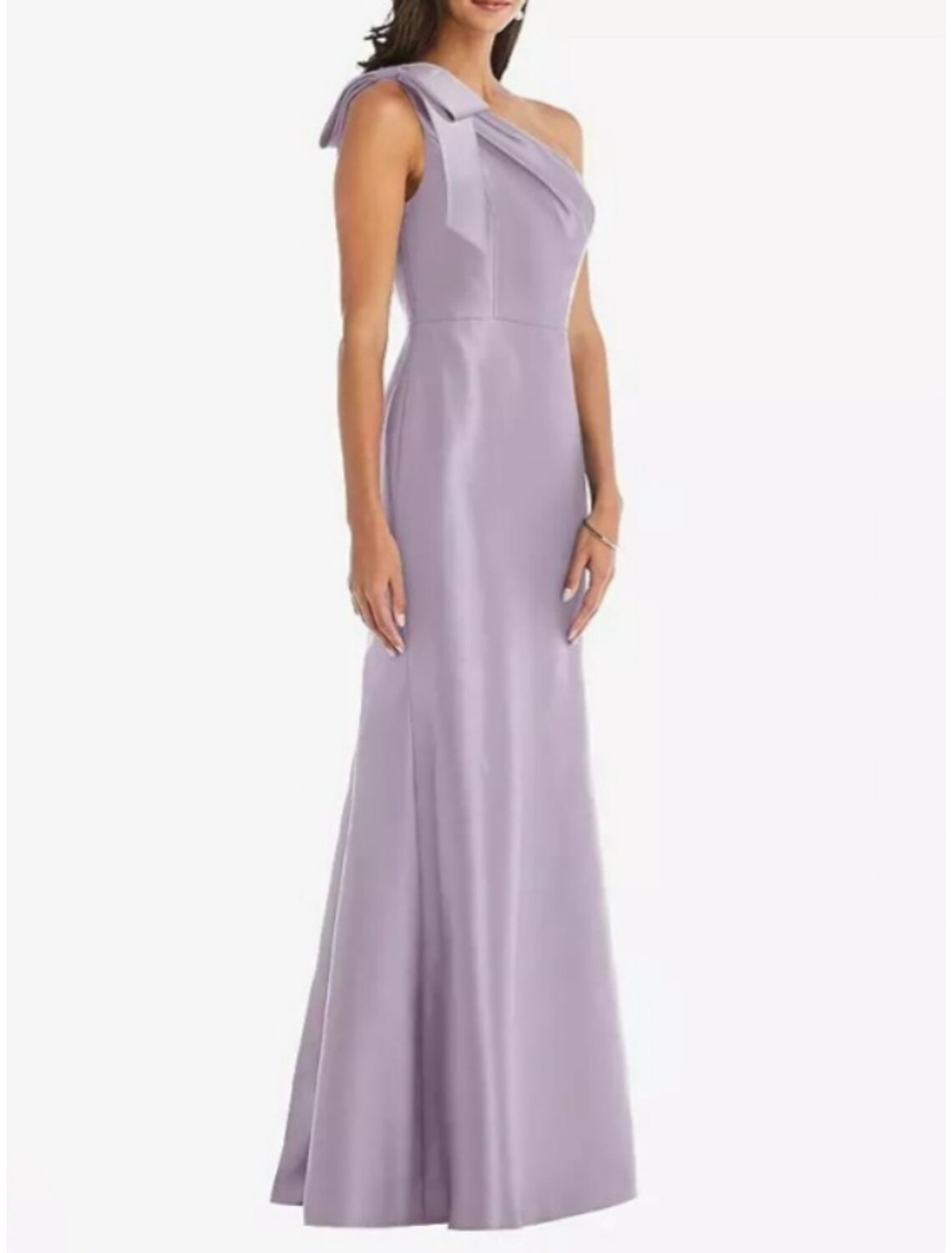 Vestido de dama de honor con corte tubo/columna, un hombro, sin mangas, elegante, largo hasta el suelo, de satén con lazo(s)/fruncido.