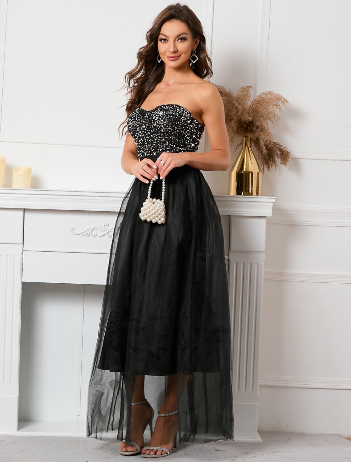 A-Line Party Dresses Vintage Dress Holiday Summer Floor Length Sleeveless Strapless Sequined with Sequin