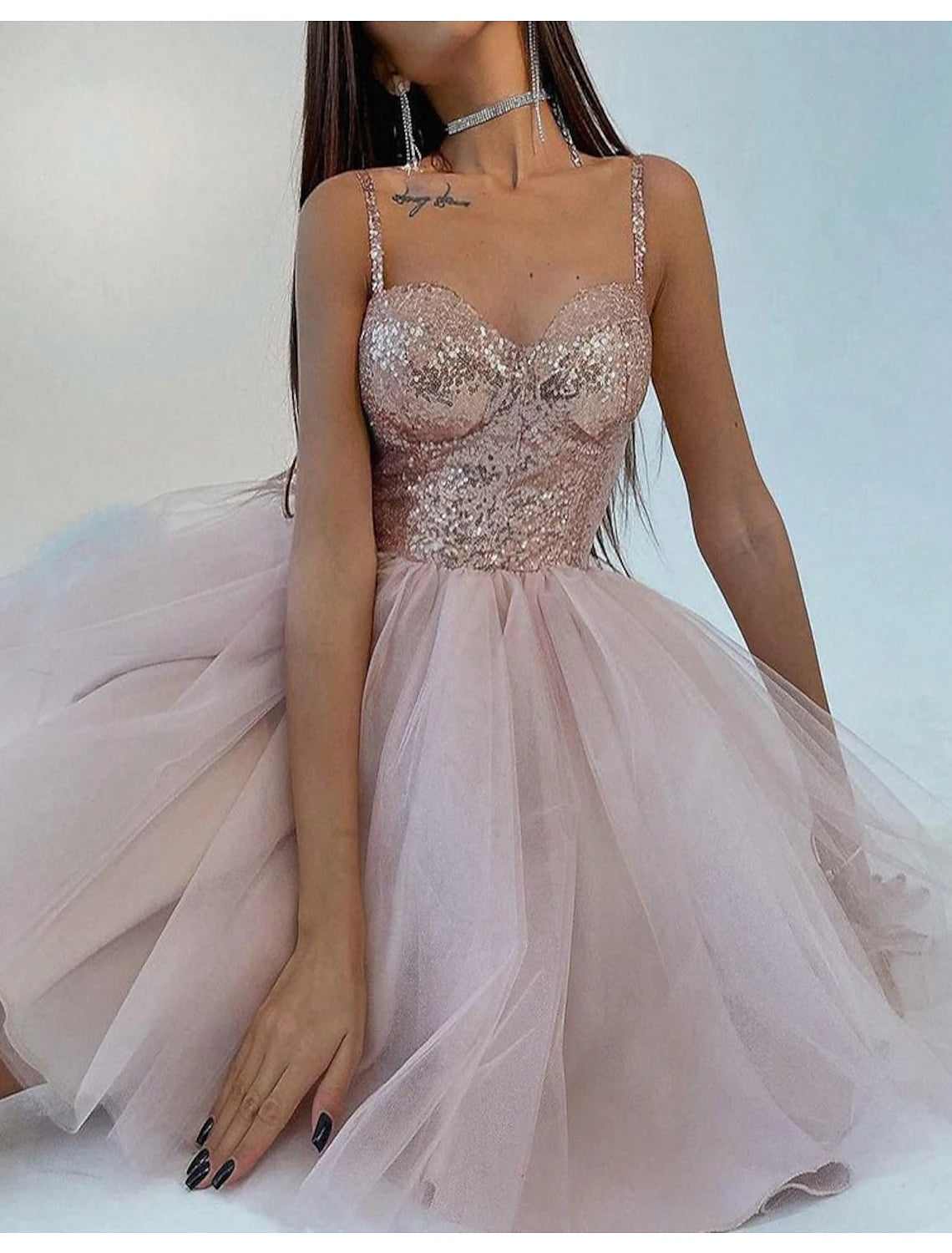 Ball Gown A-Line Sparkle & Shine Puffy Cocktail Party Prom Dress Spaghetti Strap Short Sleeve Knee Length Tulle with Sequin Tier