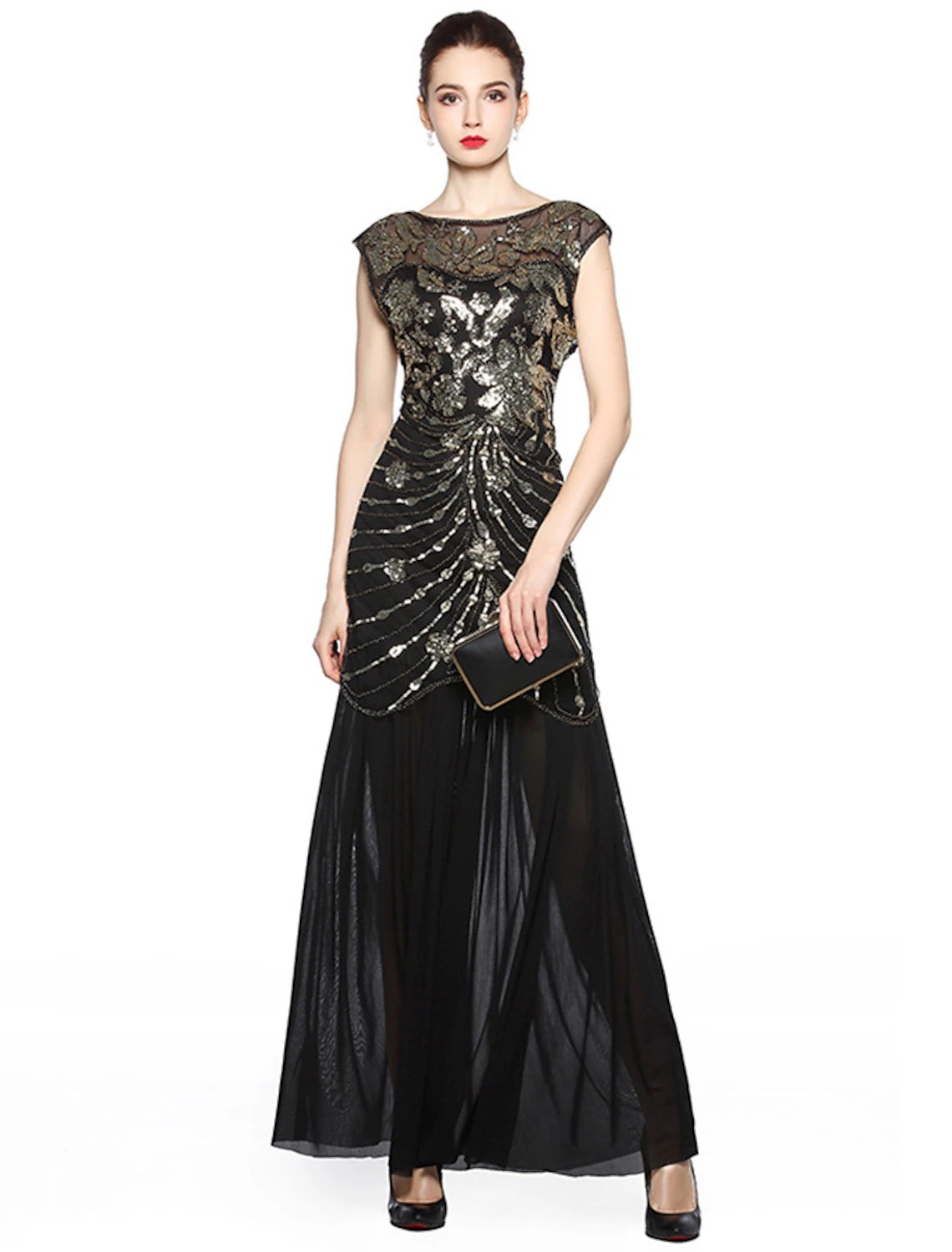 Vestido de noche estilo A, estilo vintage, para fiestas, largo hasta el suelo, sin mangas, cuello joya, licra, espalda en V con bordado de lentejuelas