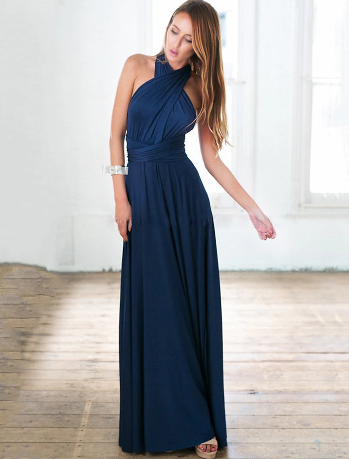 A-Line Convertible Holiday Prom Birthday Dress Halter Neck Backless Crisscross Back V Back Sleeveless Floor Length Stretch Satin with Sash / Ribbon Pleats