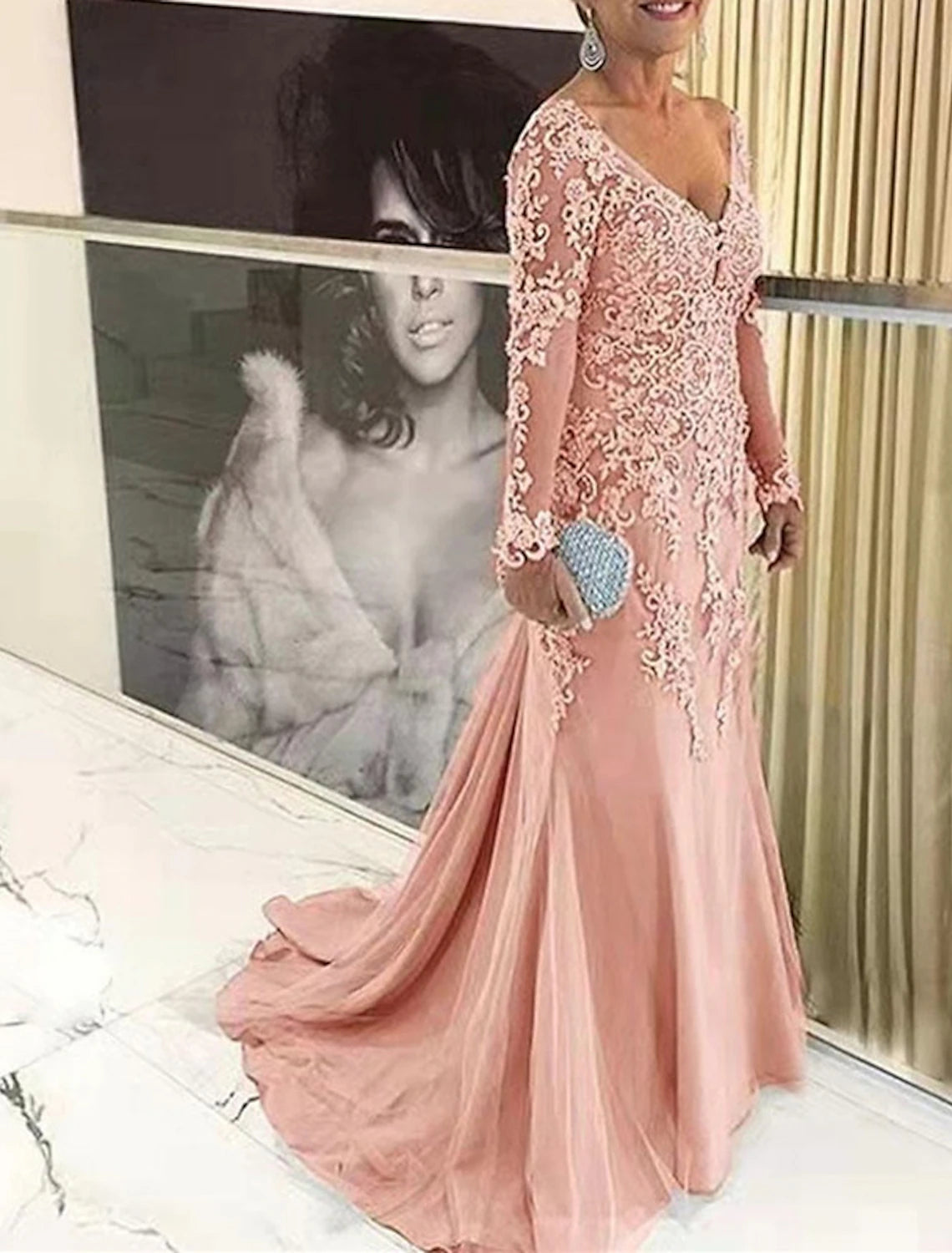 Vestidos de sirena/trompeta para madre de la novia, tallas grandes, para ocultar la curva del vientre, vestidos de invitada de boda de otoño, formales, con cola larga, escote en V, encaje con apliques