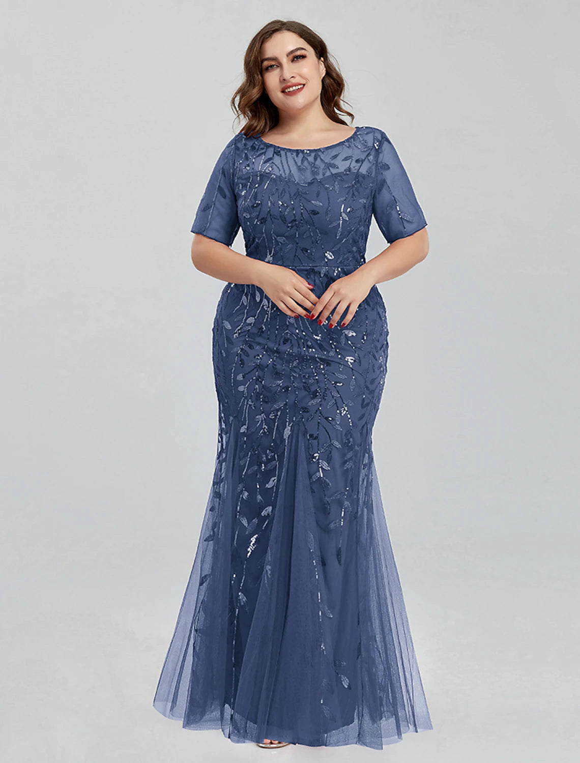 Mermaid / Trumpet Evening Gown Empire Dress Wedding Guest Floor Length Short Sleeve Jewel Neck Bridesmaid Dress Tulle with Embroidery