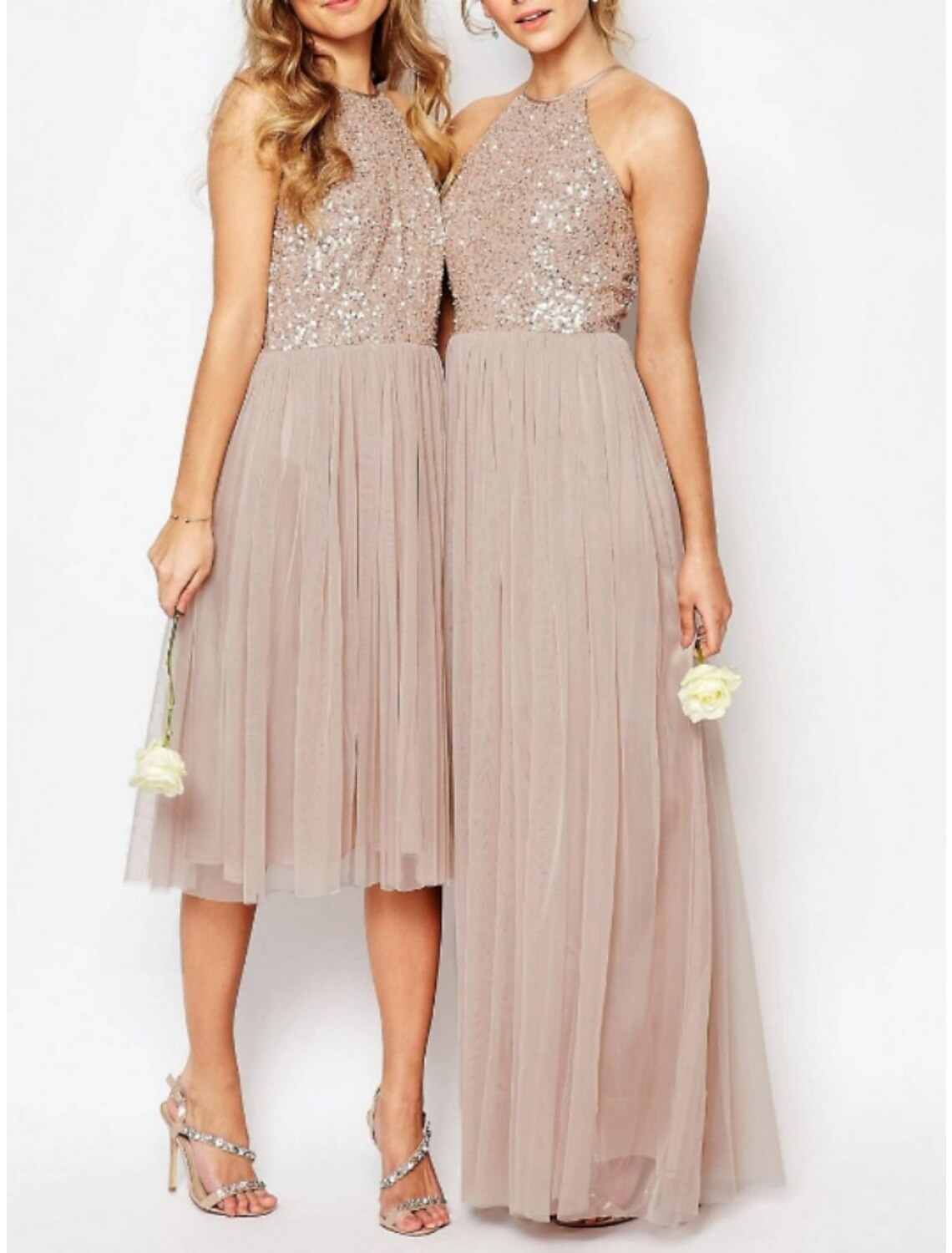Vestido de dama de honor de corte A, cuello halter, sin mangas, elegante, largo hasta el suelo/hasta la rodilla, de tul con lentejuelas/fruncido.