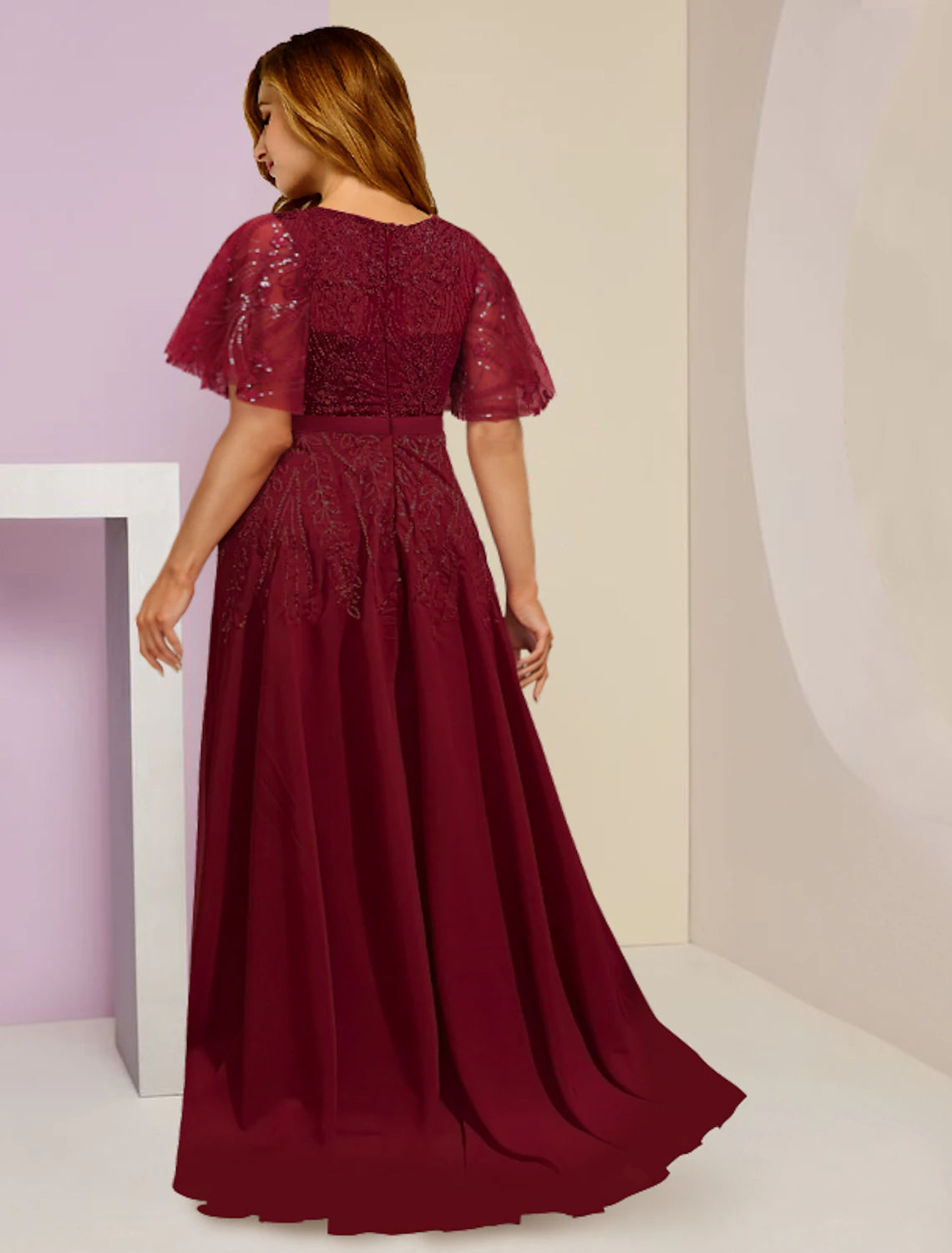 Vestido de madre de la novia con curvas de talla grande para invitada de boda, elegante, brillante y con brillo, escote en V, largo hasta el suelo, de gasa, encaje con lentejuelas, manga corta con pliegues y abertura.