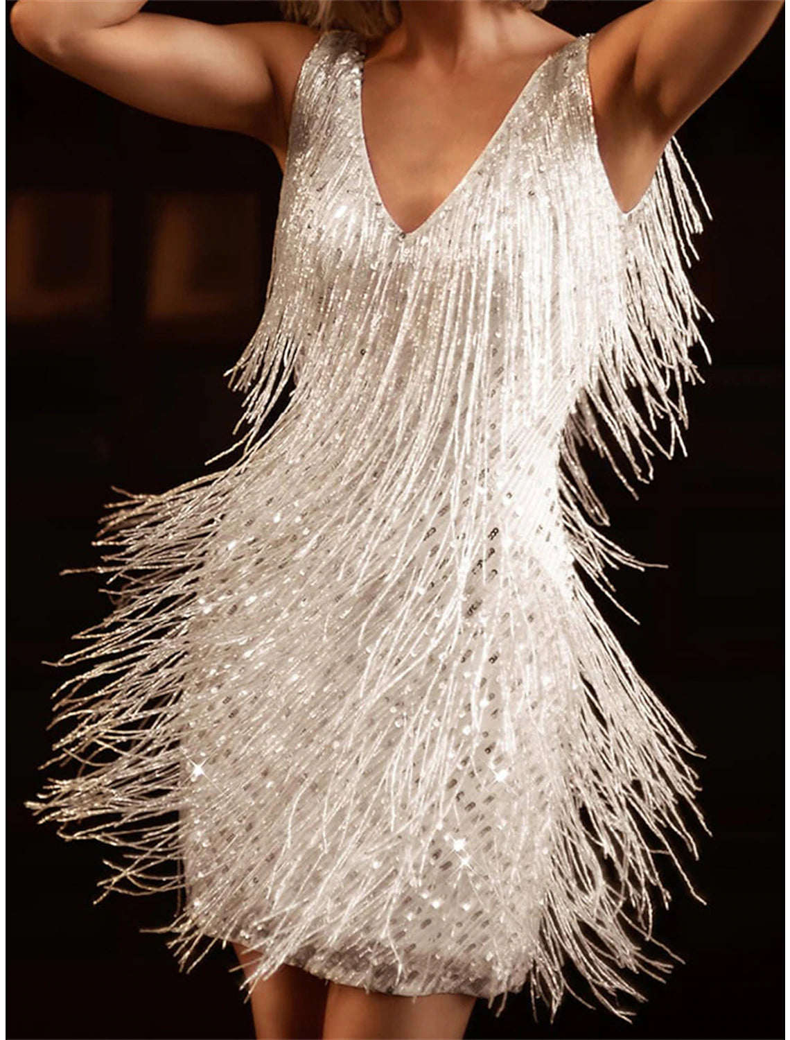Women‘s Sequin Dress Fringe Dress Pink Sequin Dress Party Dress Sparkly Dress Black Dress Homecoming Mini Dress Silver Black White Sleeveless Sparkly Glitter Winter V Neck Fashion