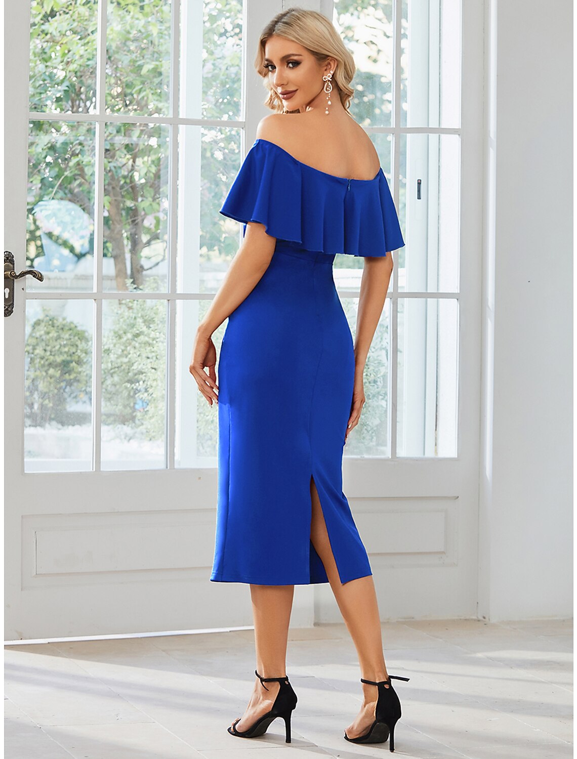 Sheath / Column Wedding Guest Dresses Minimalist Dress Party Wear Wedding Party Tea Length Short Sleeve Off Shoulder Bridesmaid Dress Stretch Fabric with Slit Pure