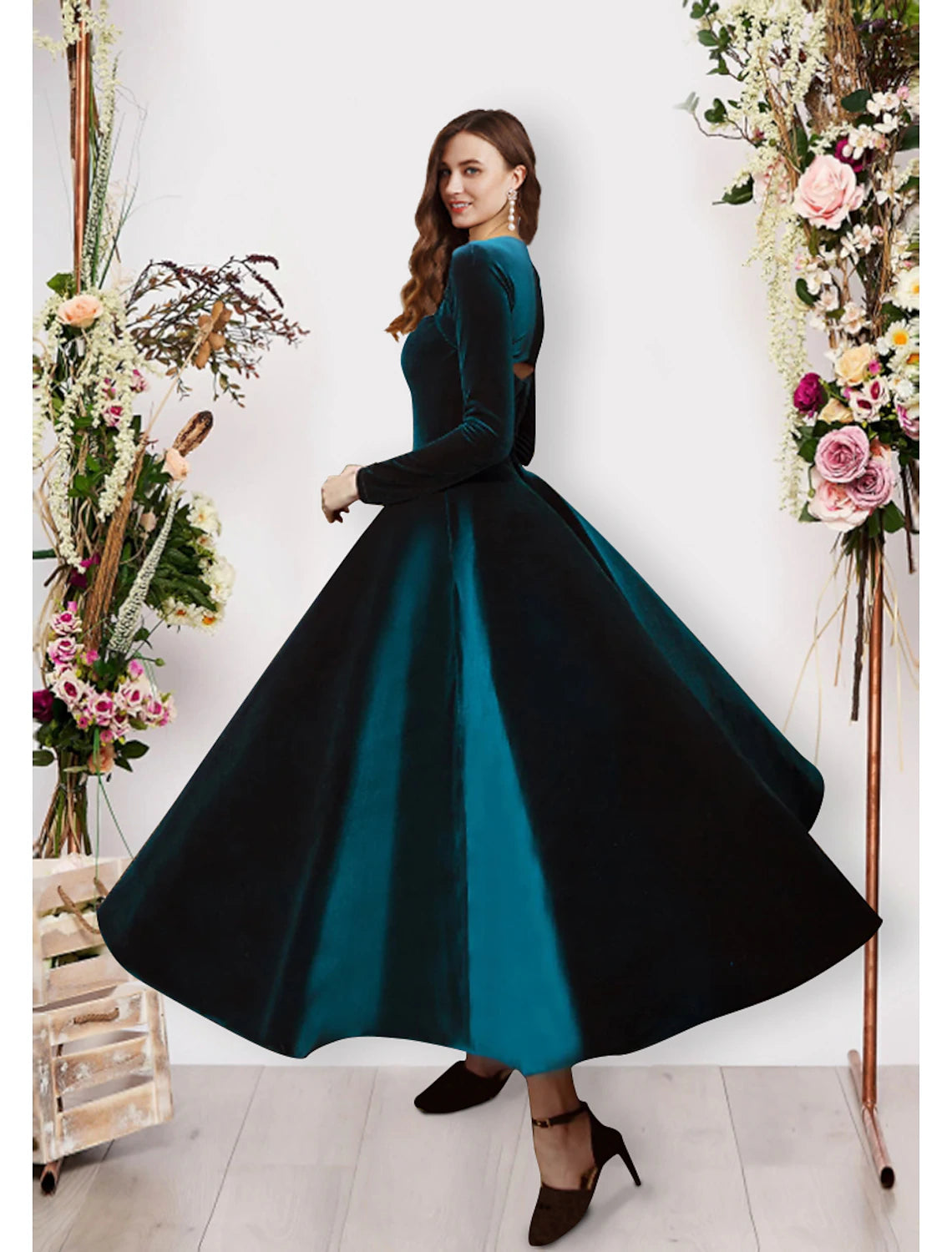 Ball Gown Evening Gown Vintage Dress Prom Formal Evening Ankle Length Long Sleeve Square Neck Velvet with Pure