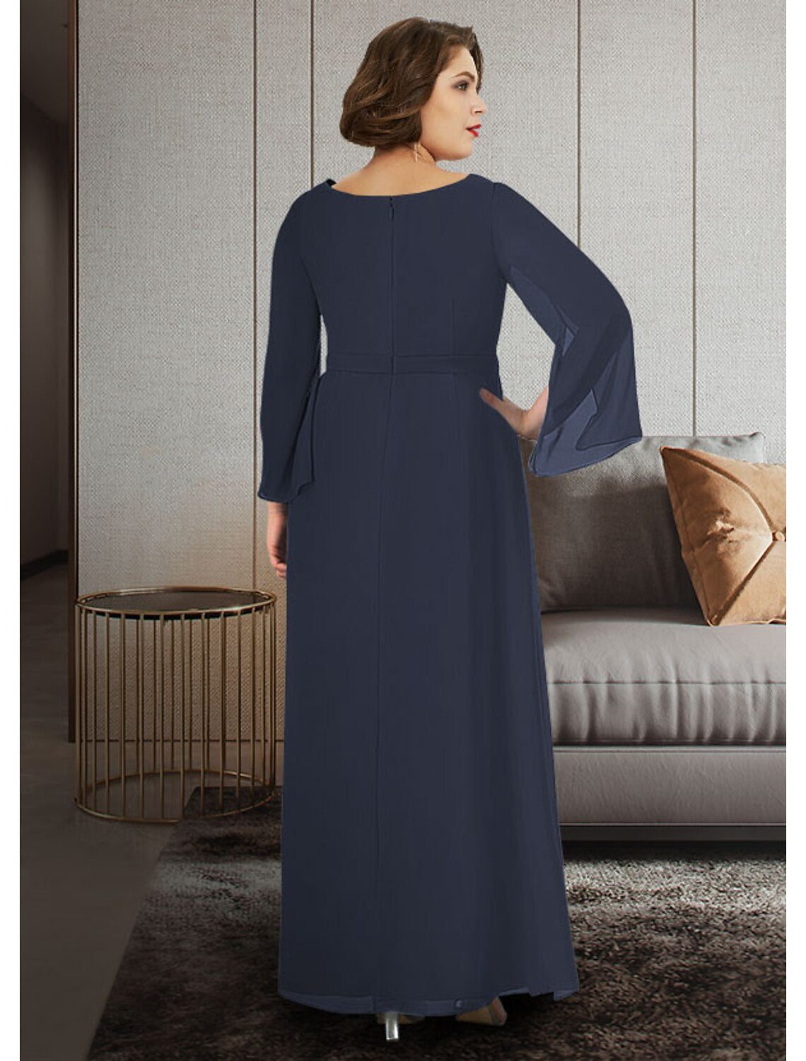 A-Line Mother of the Bride Dress Plus Size Elegant V Neck Ankle Length Chiffon 3/4 Length Sleeve with Sash / Ribbon Ruching