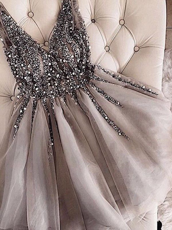 A-Line/Princess Sleeveless V-neck Tulle Sequin Short/Mini Dresses