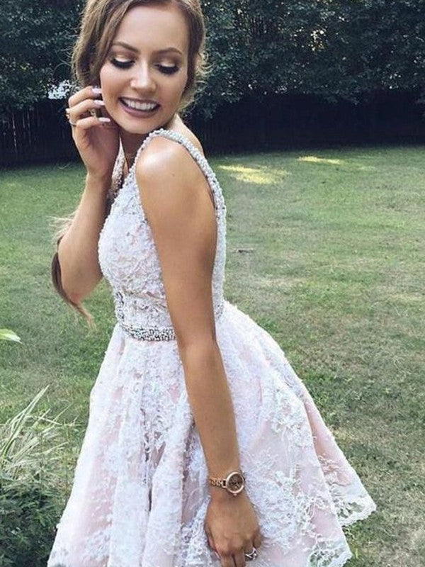 A-Line/Princess V-neck Sleeveless Tulle Applique Short/Mini Dresses